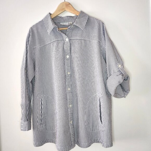 Joan Rivers 2X Striped Cotton Button-Down Shirt with Pockets - Picture 1 of 6